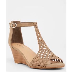 Torrid Taupe Sandal Wedge Woven Crochet Strap